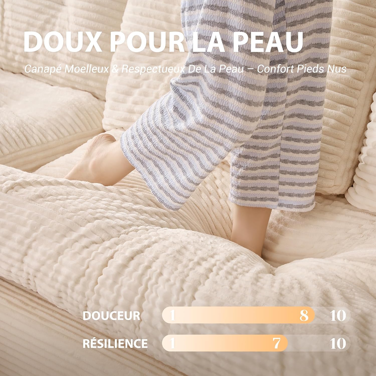 Canapé d'angle modulable Litbird – 3 places + pouf – Velours côtelé beige – Sans montage