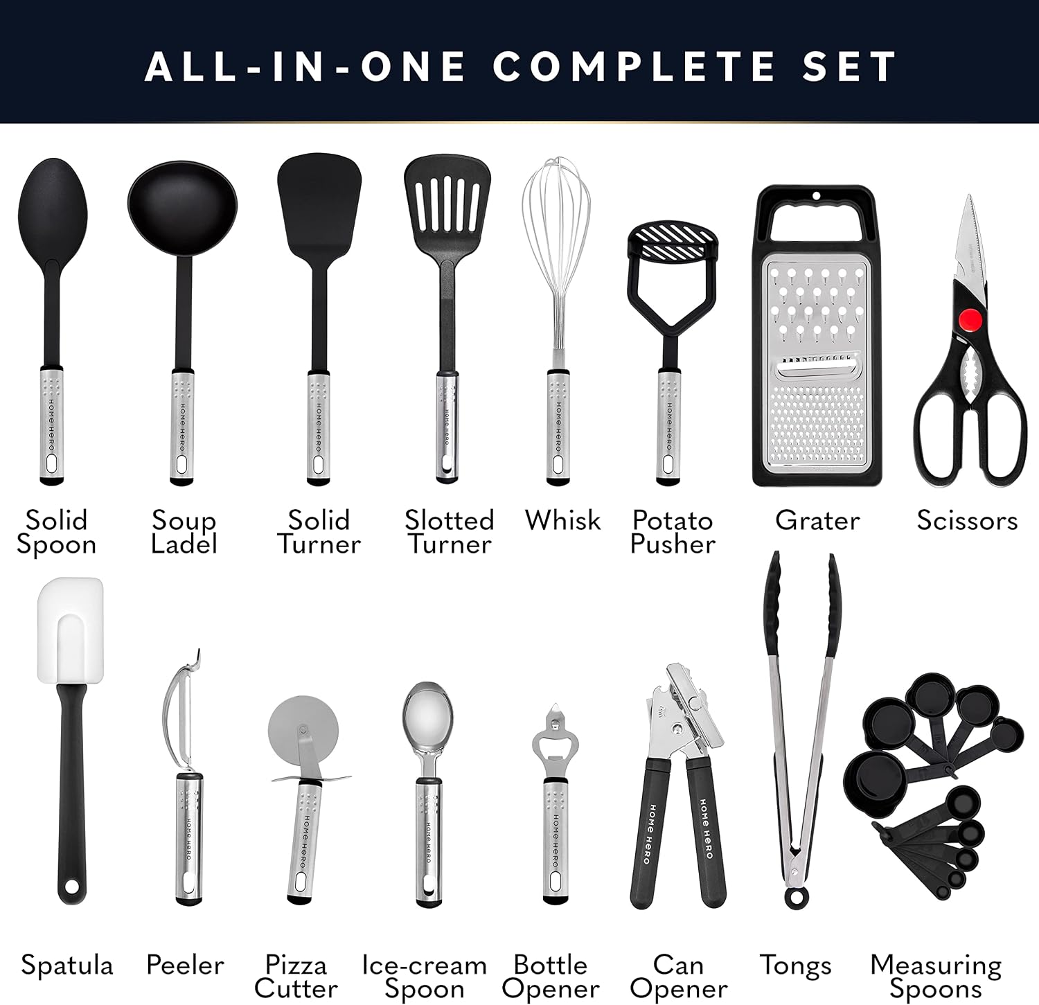 Set d'Ustensiles de Cuisine 25 Pièces — Nylon & Inox, Anti-rayures