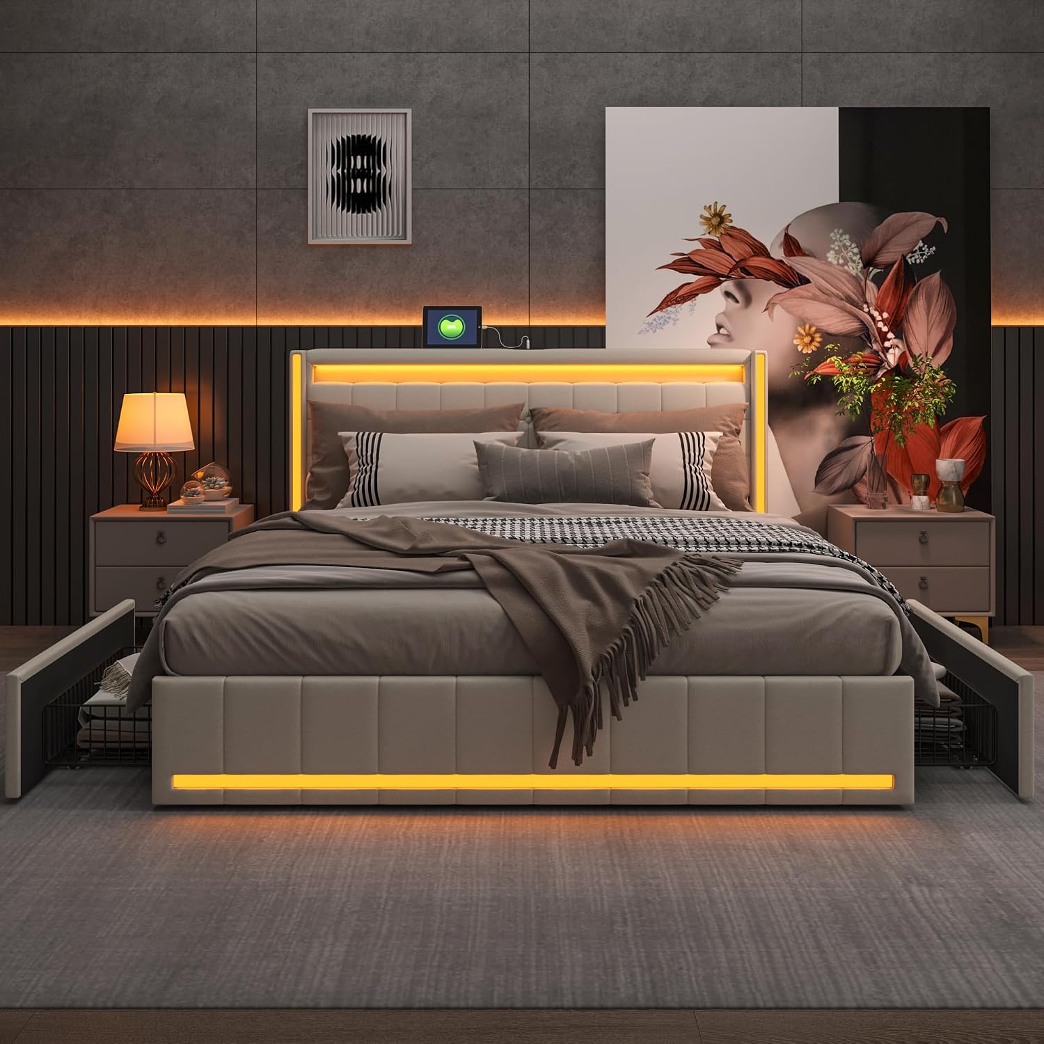 Lit Double 140x200 cm – 4 Tiroirs de Rangement, Éclairage LED +6000 Couleurs & Tête de Lit Réglable en PU