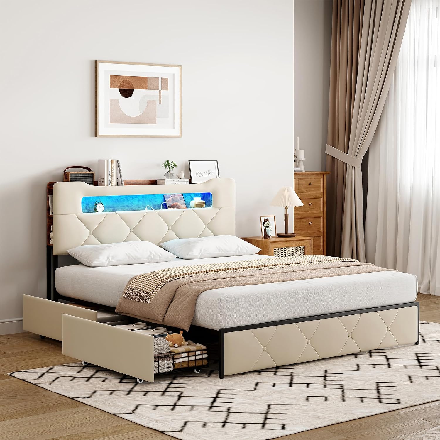 Lit Double 140x200 cm – 4 Tiroirs de Rangement, Éclairage LED +6000 Couleurs & Tête de Lit Réglable en PU