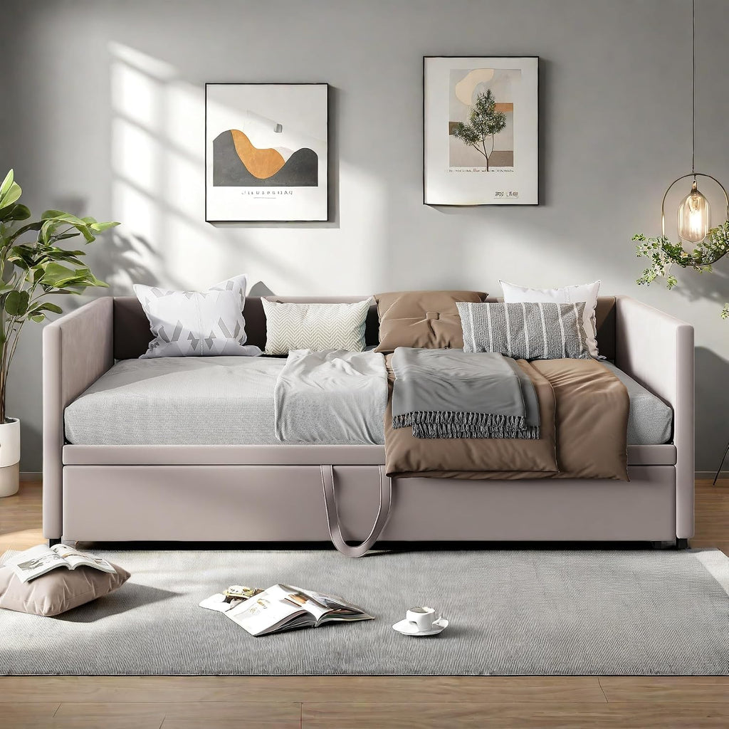 Canapé-Lit Convertible LKPOMI 2 Places — Velours Beige, Lit 180x200 cm