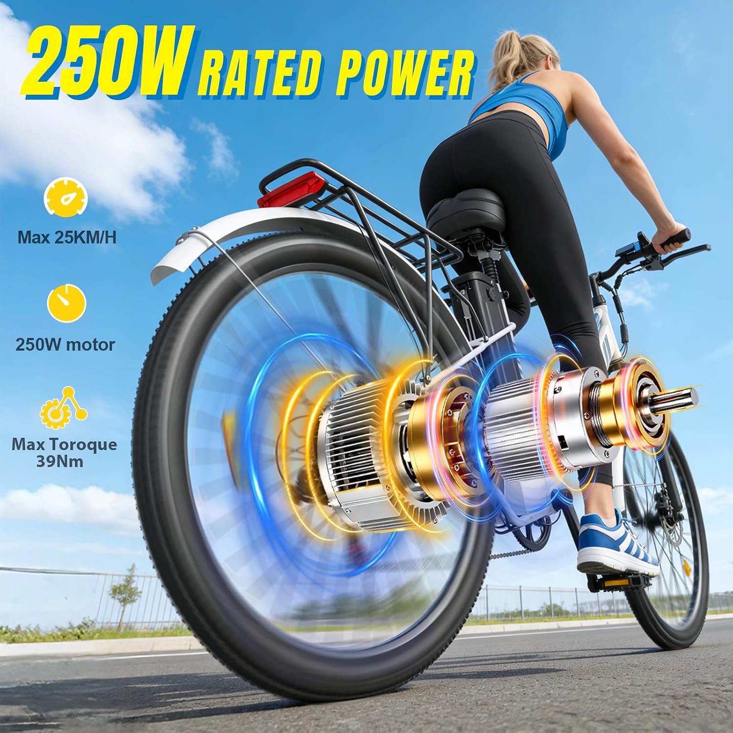 Vélo électrique pour homme et femme 26 pouces, E-Bike City avec moteur 250 W et batterie 36 V 20 Ah, autonomie 120 km, changement 7 vitesses, freins à disque, vélo électrique économique