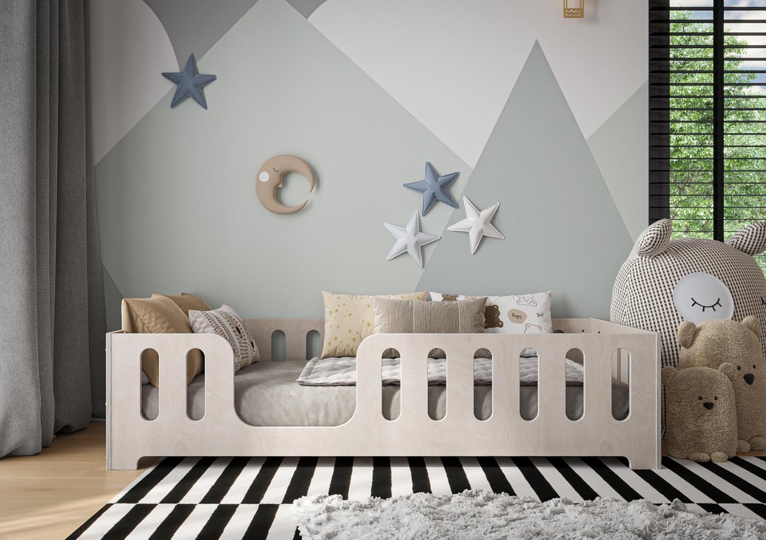 Lit Montessori Enfant 90 x 200 cm – Bois de Hêtre Naturel – Barrière de Sécurité & Sommier à Lattes