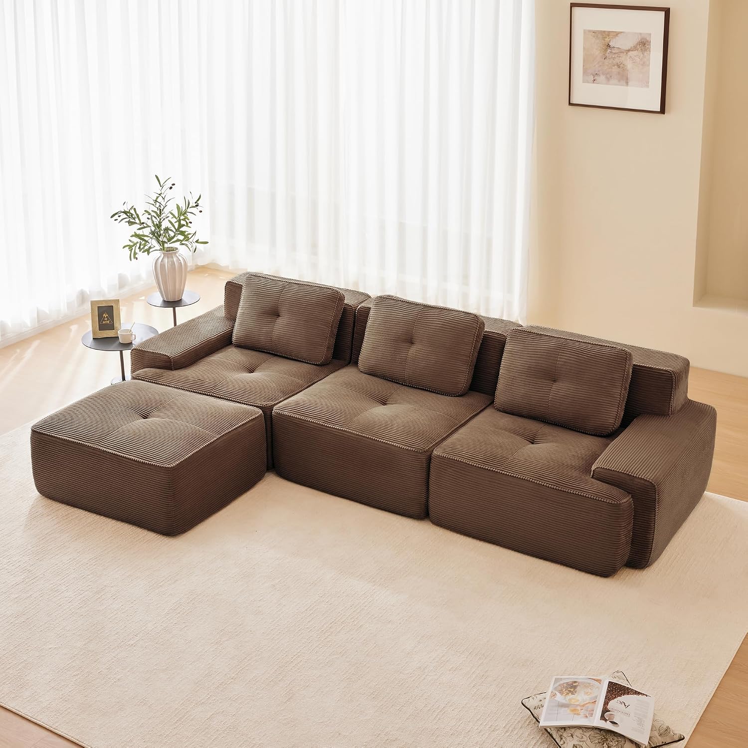 Canapé modulable en L Bladez – 3+1 places – Tissu côtelé kaki clair – Assise profonde