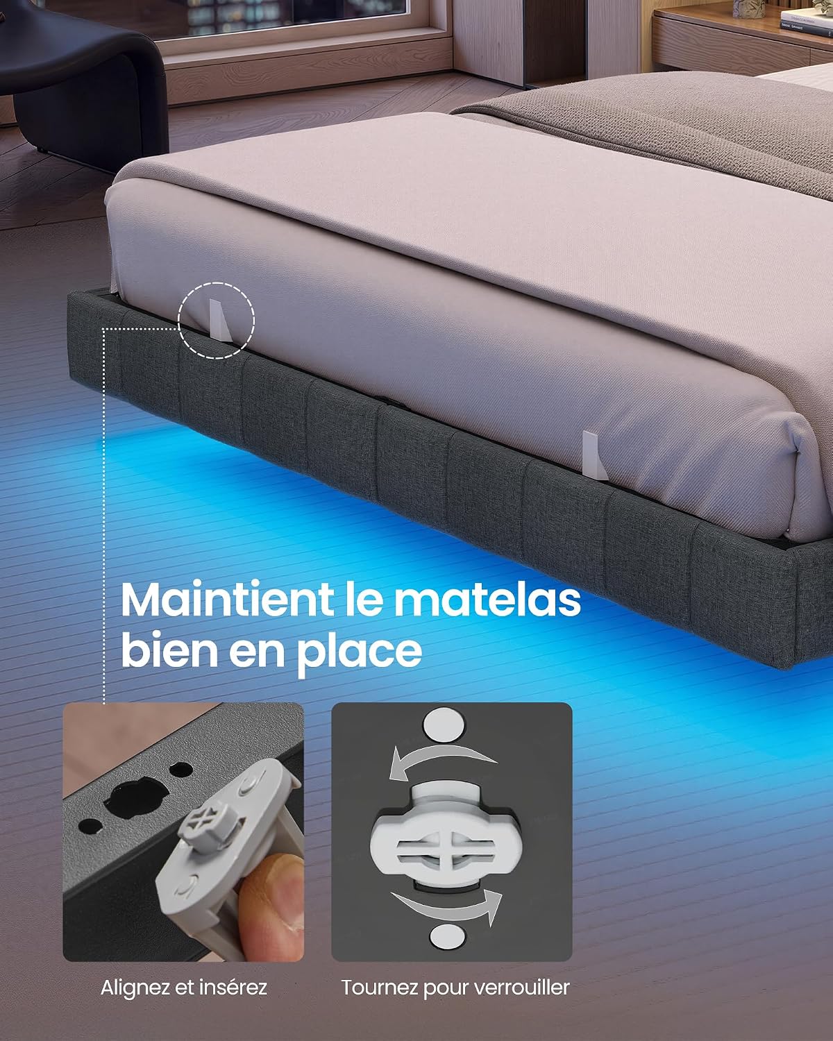 Cadre de Lit 90 x 200 cm avec Lumières LED & Prise Intégrée – Effet Flottant – Gris Ardoise – Charge 250 kg
