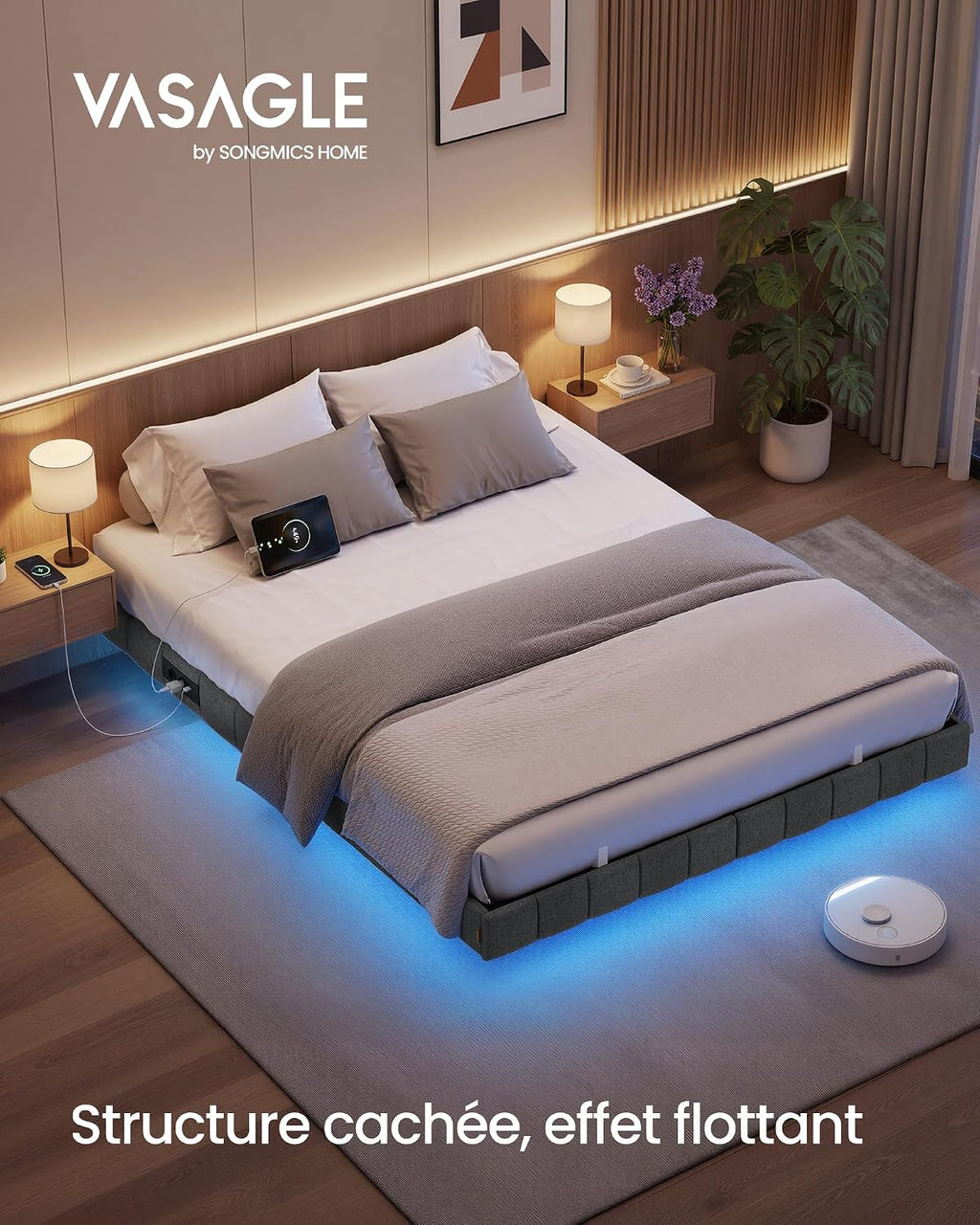 Cadre de Lit 90 x 200 cm avec Lumières LED & Prise Intégrée – Effet Flottant – Gris Ardoise – Charge 250 kg