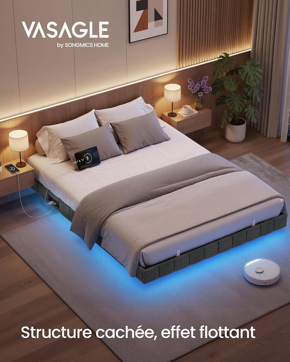 Cadre de Lit 90 x 200 cm avec Lumières LED & Prise Intégrée – Effet Flottant – Gris Ardoise – Charge 250 kg