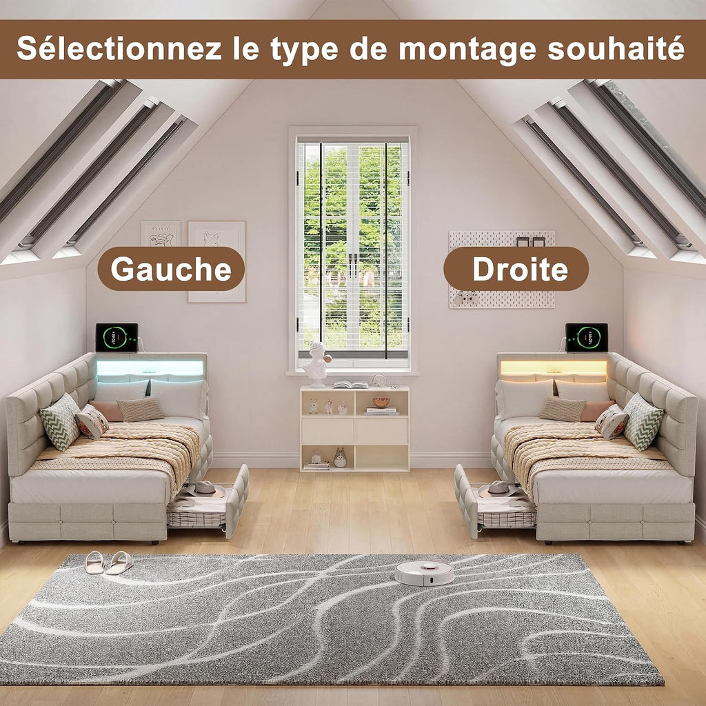 Lit Coffre 90x200 cm – Tête de Lit Rangement, Éclairage LED 16 Couleurs & Ports USB/USB-C