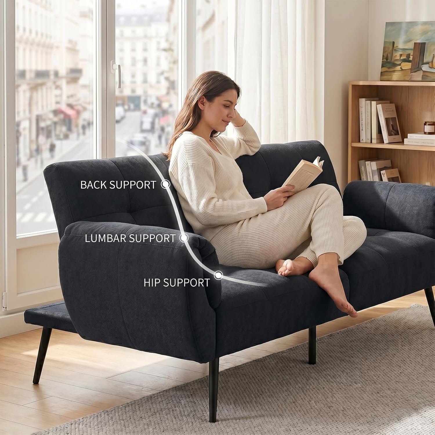 Canapé-lit convertible JIEXI – 3 places – Tissu gris – Dossier 3 positions – 170 cm
