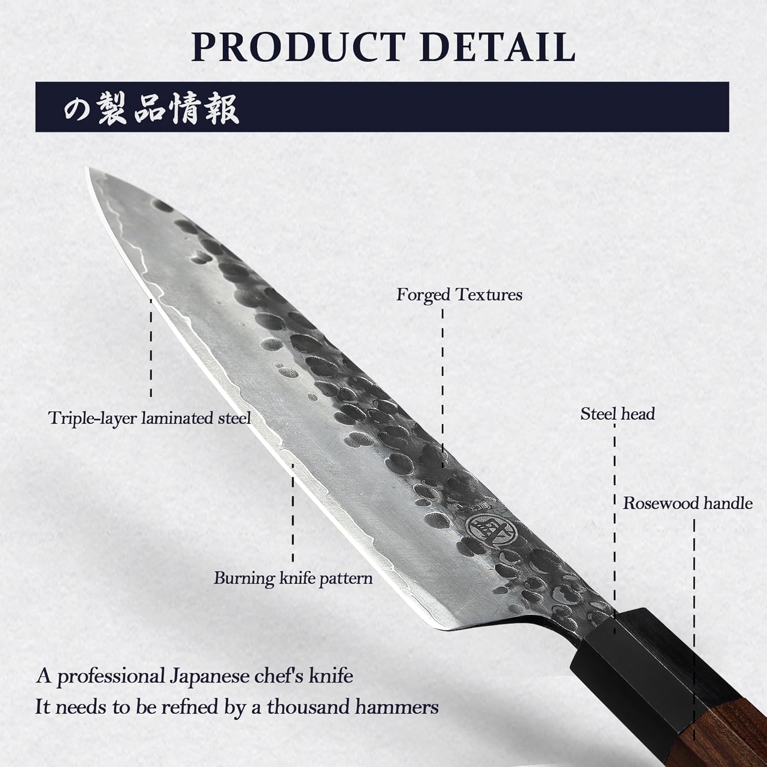 Couteau Gyuto Japonais MITSUMOTO SAKARI 22 cm – Forgé Main, Acier Haute Carbone, Bois de Rose