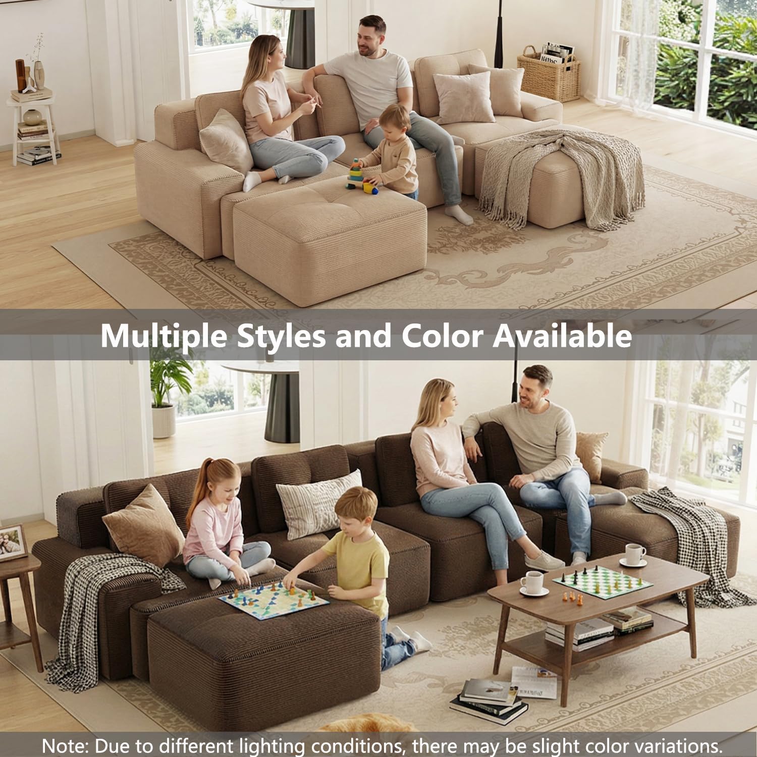 Canapé modulable en L Bladez – 3+1 places – Tissu côtelé kaki clair – Assise profonde