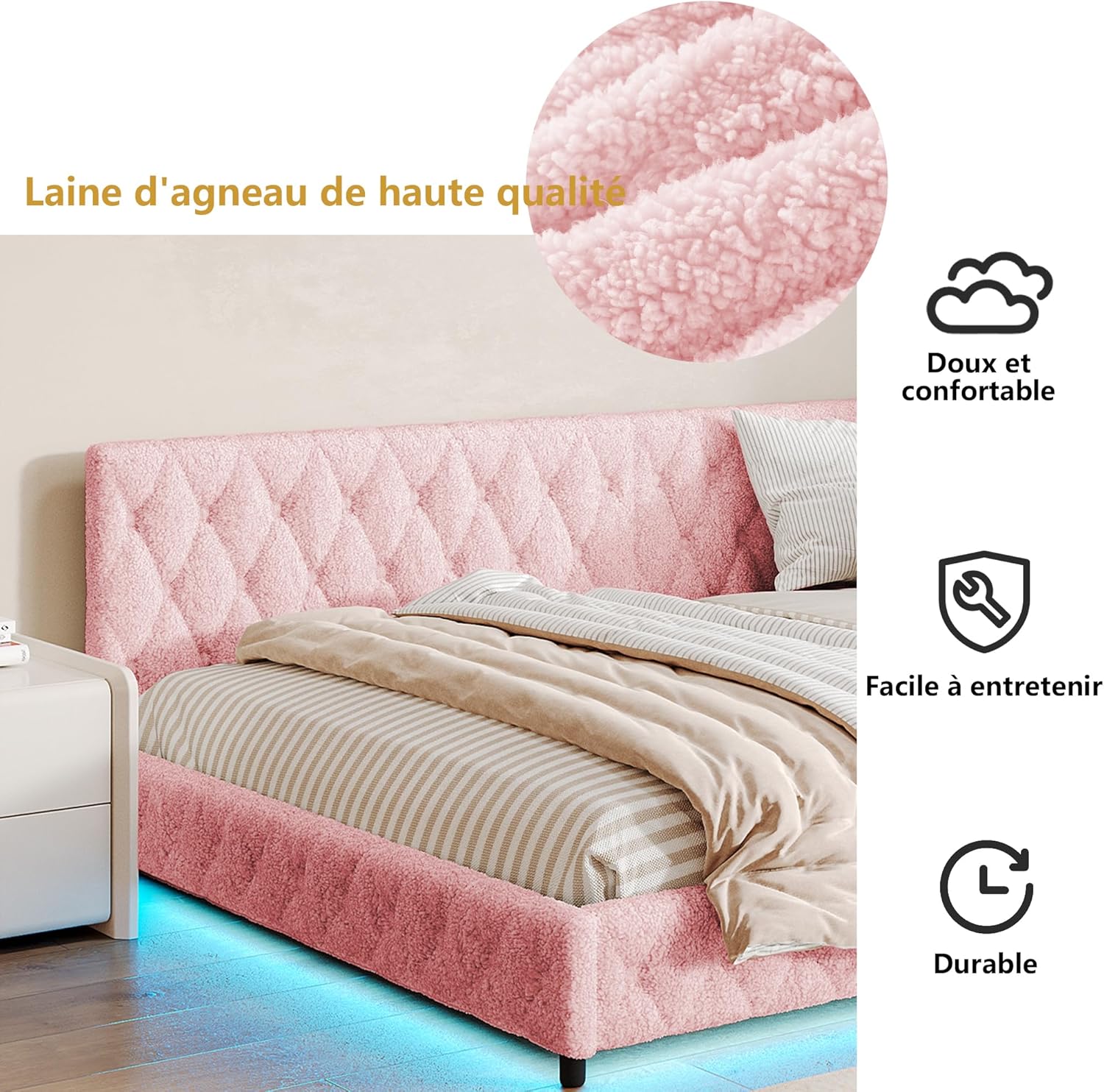 Canapé-Lit Convertible LKPOMI 2 Places — Velours Beige, Lit 180x200 cm