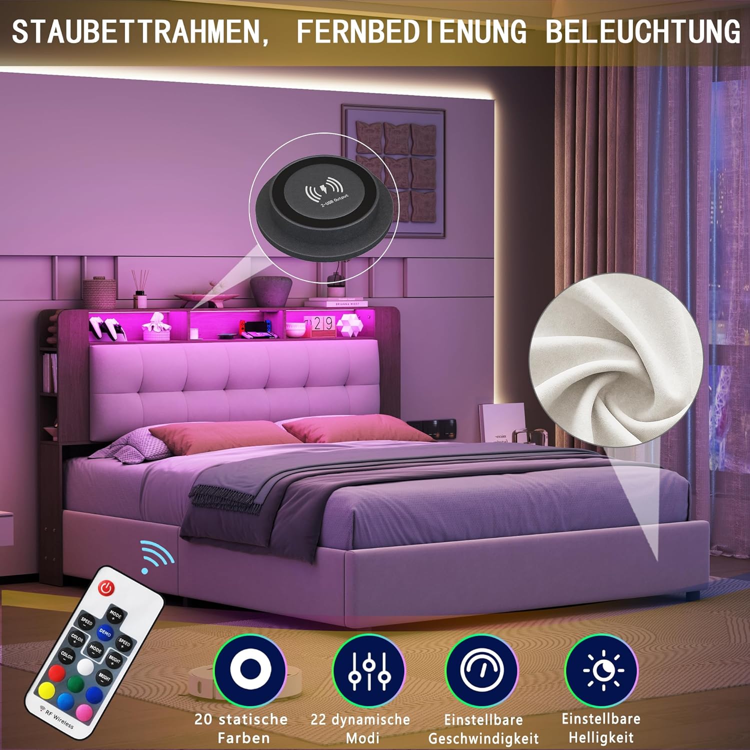 Lit Coffre LED RGB & Port USB | Rangement Hydraulique | Tête de Lit Rembourrée avec Étagères | 90 à 160 x 200 cm