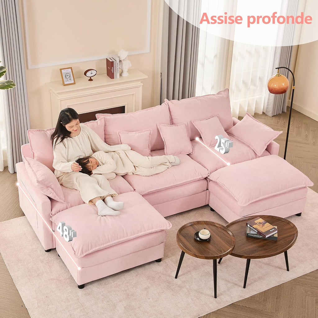 Canapé Modulable Litbird 3 Places — Velours Côtelé, Rose Pâle, Convertible