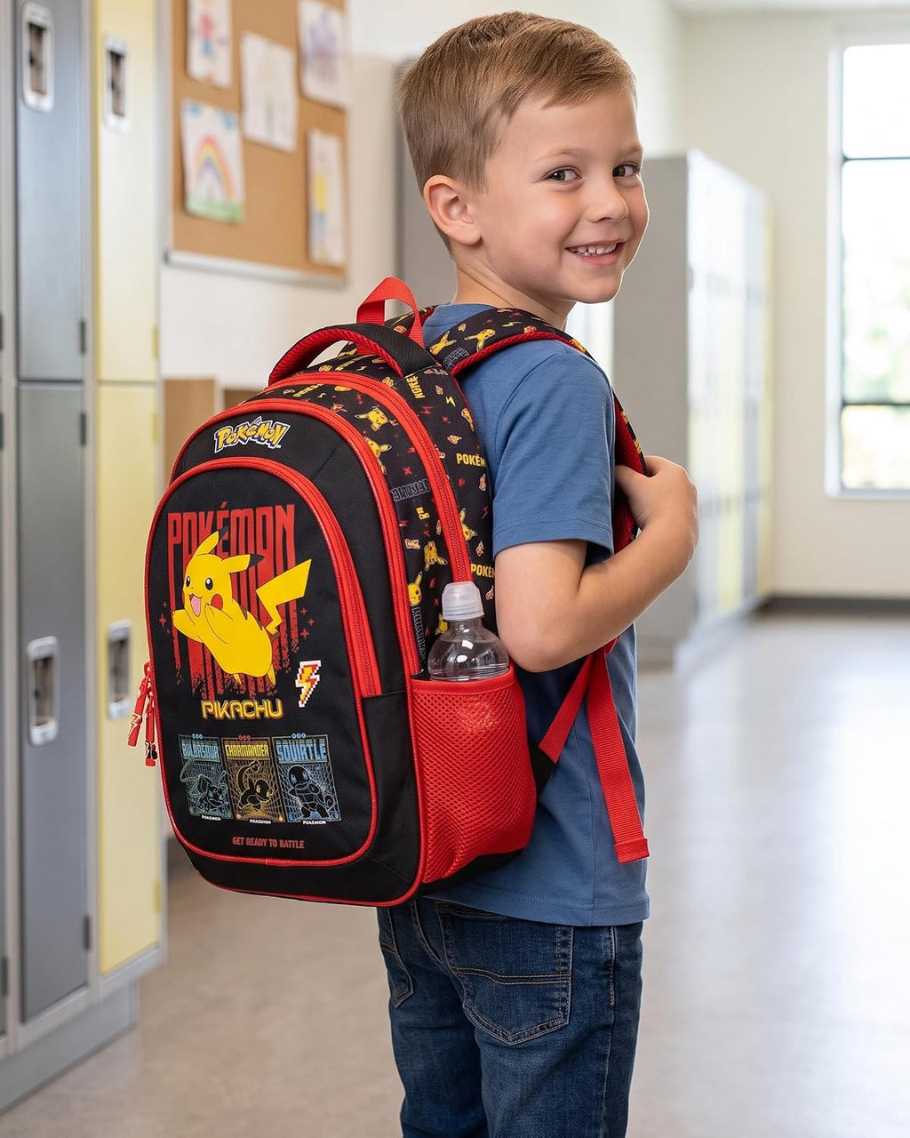 Clondo Elementary School Backpack for Kids, 43 x 33 x 15 cm, Multi-Pocket, Ergonomic Backrest, Padded Shoulder Straps, Bottle Holder Pockets, Large Capacity and Shiny Design, Pokemon Expressive
