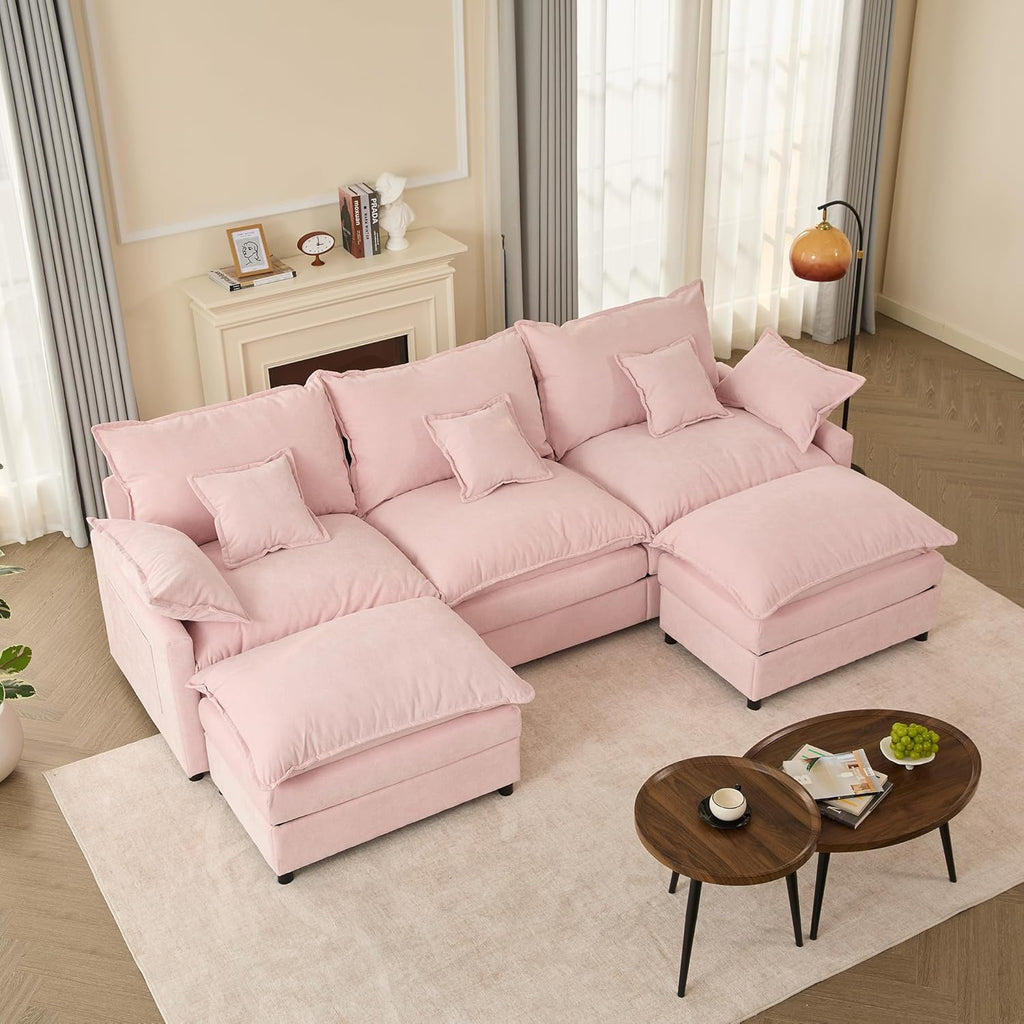 Canapé Modulable Litbird 3 Places — Velours Côtelé, Rose Pâle, Convertible