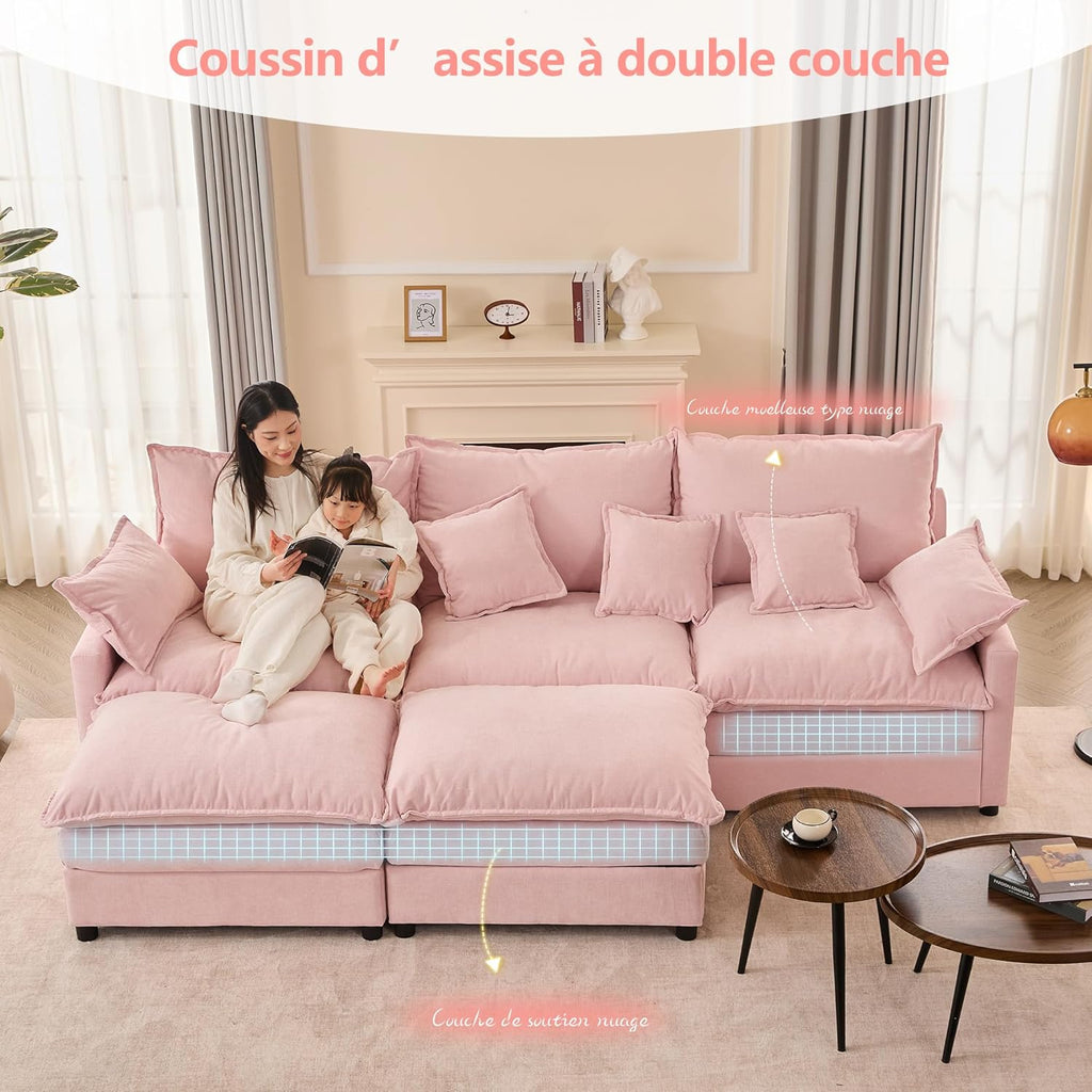 Canapé Modulable Litbird 3 Places — Velours Côtelé, Rose Pâle, Convertible