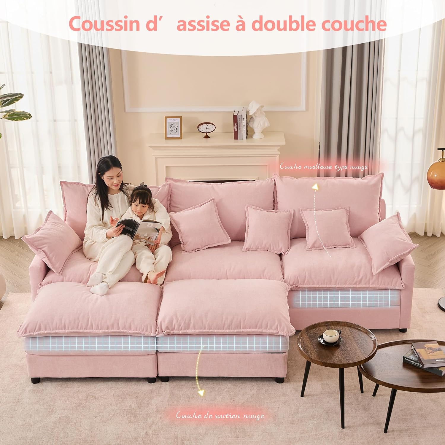 Canapé Modulable Litbird 3 Places — Velours Côtelé, Rose Pâle, Convertible