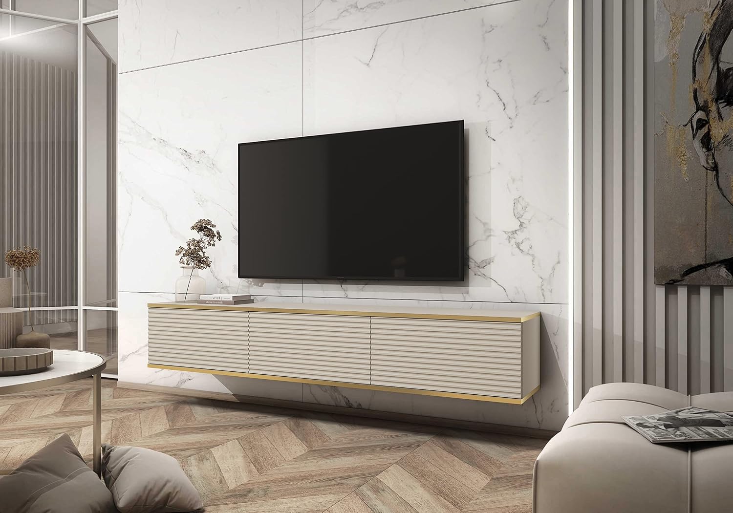 Meuble TV Mural Design | Ouverture Push-to-Open | 175 x 30 x 32 cm