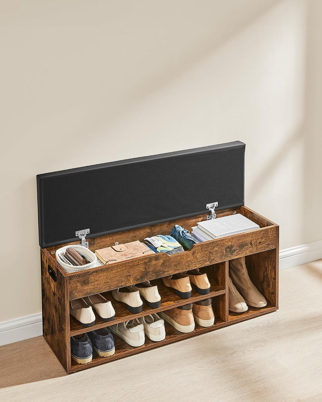 Banc à Chaussures Rembourré VASAGLE – Rangement 3 Compartiments, Style Vintage, 80 cm