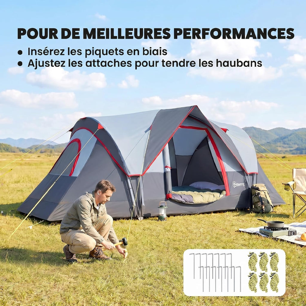 Outsunny Tente de Camping familiale 5-6 pers. - Tente Tunnel étanche légère ventilée Facile à Monter - Grande Porte + 3 fenêtres - dim. 4,55L x 2,2l x 1,8H m Fibre Verre Polyester Oxford