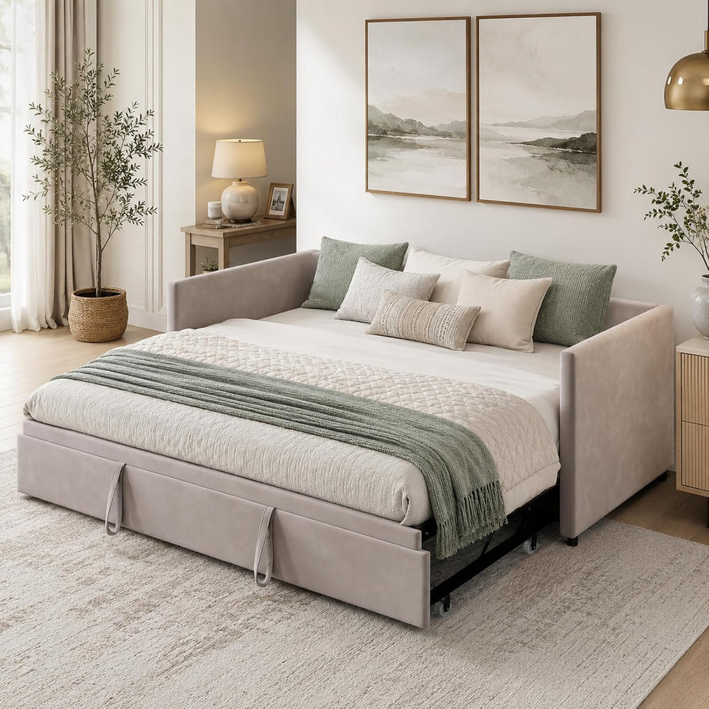 Canapé-Lit Convertible LKPOMI 2 Places — Velours Beige, Lit 180x200 cm