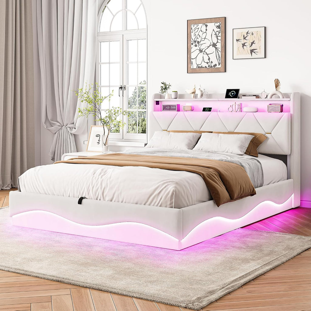 Lit Coffre BRILVERDE | LED RGB & Port USB | Sommier à Lattes | Tissu Lin | 90 à 160 x 200 cm