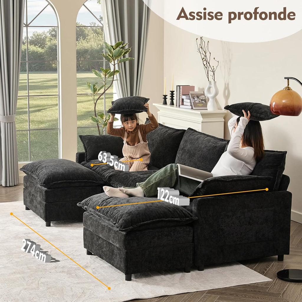 Canapé Modulable Litbird 3 Places — Velours Côtelé, Rose Pâle, Convertible