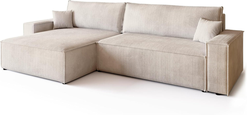 Canapé d'angle convertible BROMARKT ADI XL – 3 places – Velours côtelé vanille – Coffre de rangement