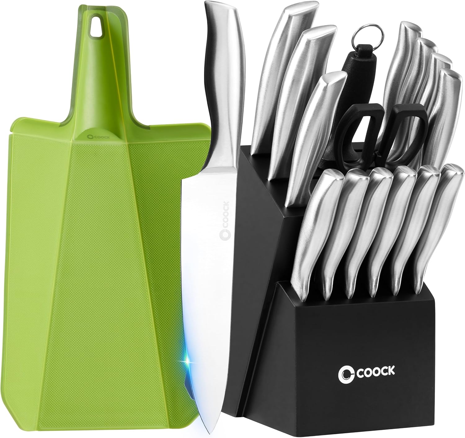 Set de Couteaux Coock 17 Pièces — Bloc, Planche Pliable, Inox Sans BPA