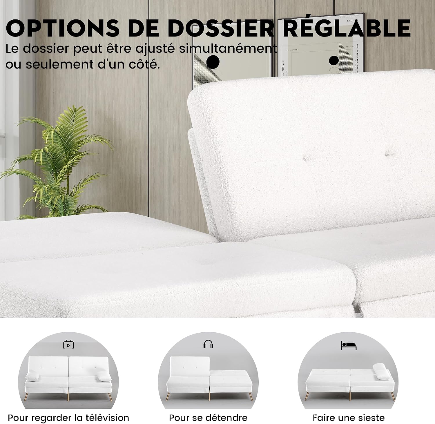 Canapé-lit convertible COMHOMA – 3 places – Tissu gris – Dossier ajustable