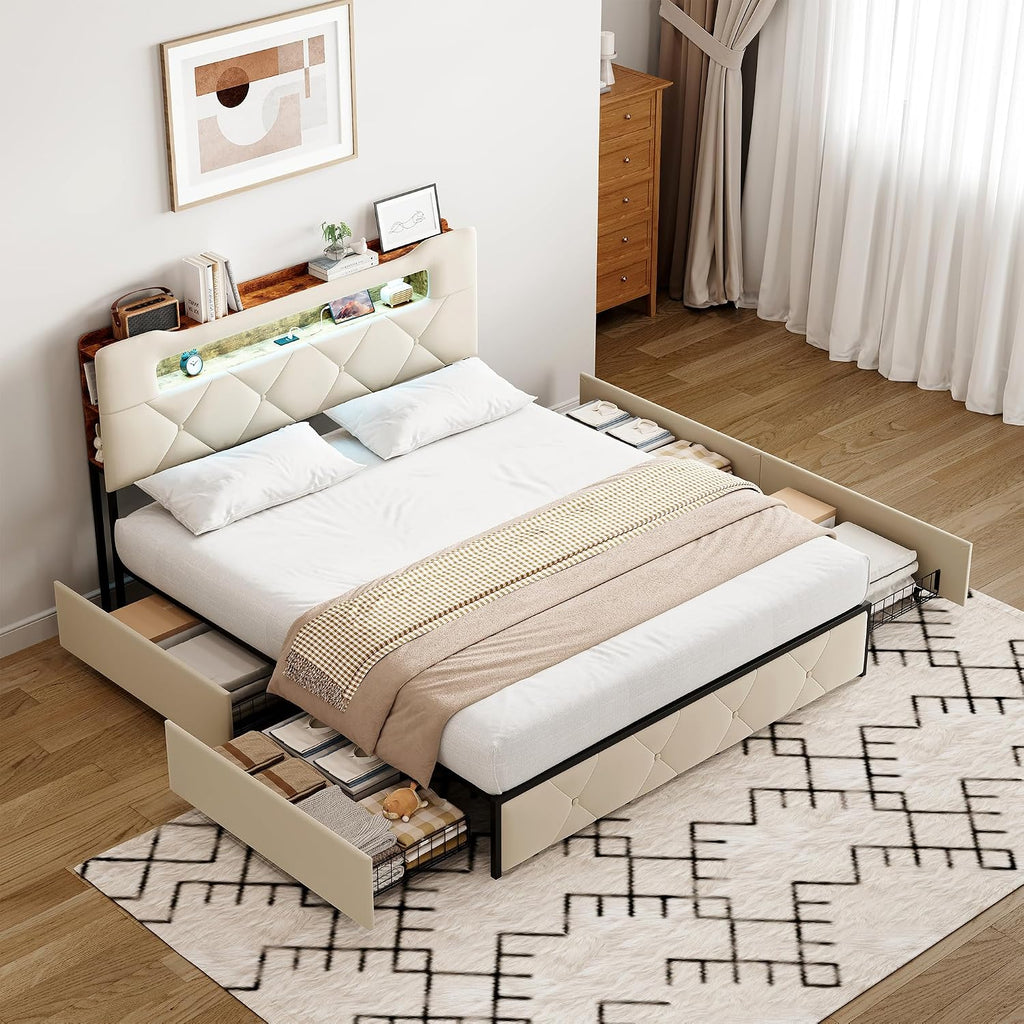 Lit Double 140x200 cm – 4 Tiroirs de Rangement, Éclairage LED +6000 Couleurs & Tête de Lit Réglable en PU