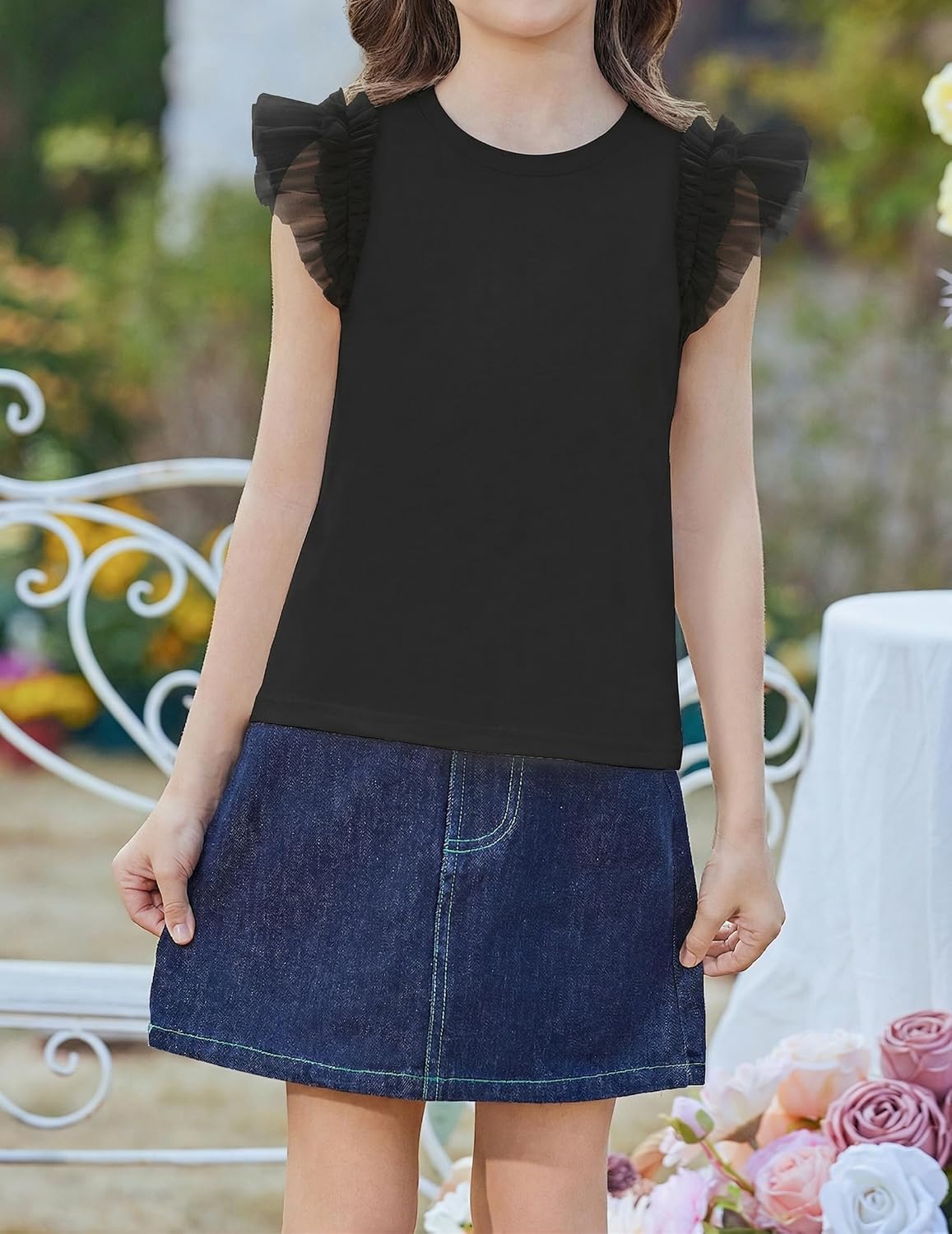 Arshiner T-shirt met kanten mouwen voor meisjes, zomertop, ronde hals, korte mouwen, casual, effen, 5-14 jaar