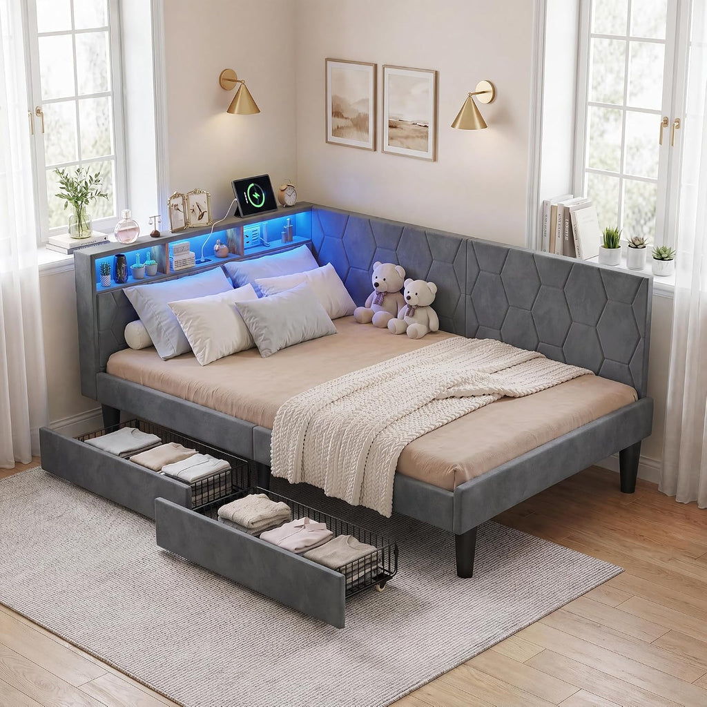 Lit Coffre 90x200 cm – Tête de Lit Rangement, Éclairage LED 16 Couleurs & Ports USB/USB-C