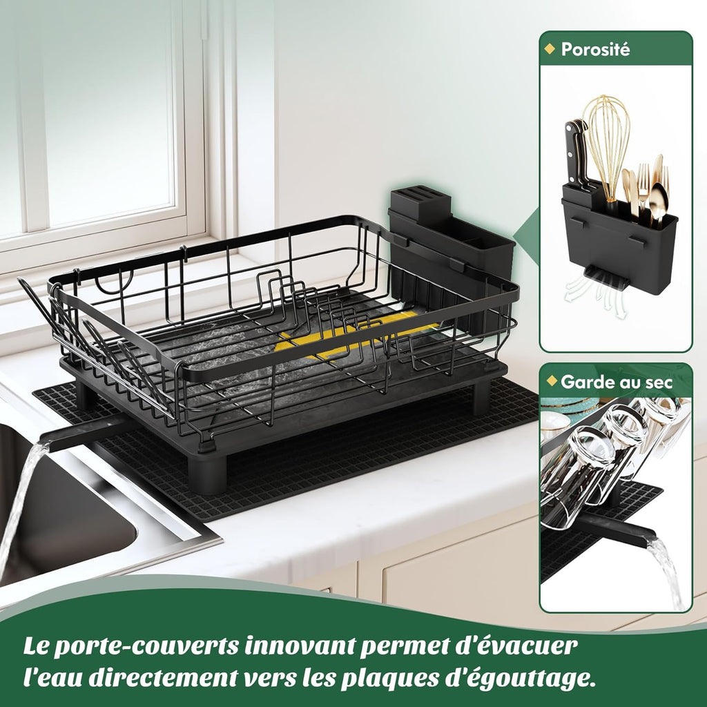 Égouttoir à Vaisselle 2 Niveaux MAJALiS Noir – Inox, Drainage Auto 360°, Tapis Inclus, 43 x 33 cm