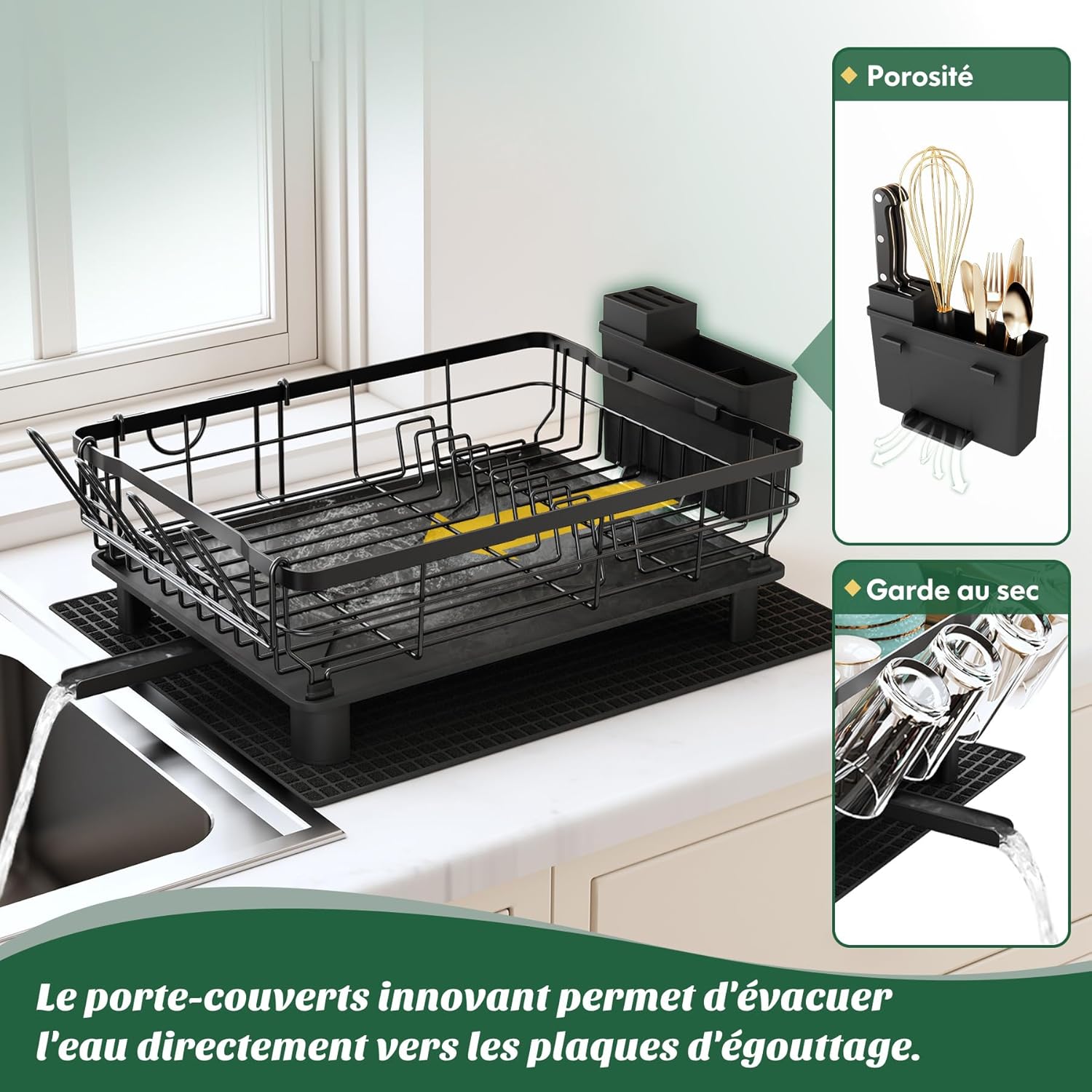 Égouttoir à Vaisselle 2 Niveaux MAJALiS Noir – Inox, Drainage Auto 360°, Tapis Inclus, 43 x 33 cm