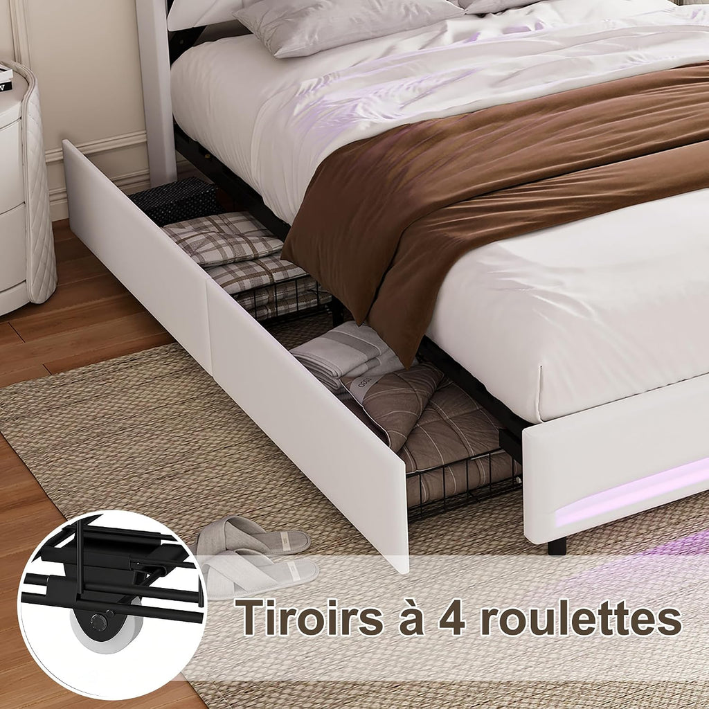 Lit Double 140x200 cm – 4 Tiroirs de Rangement, Éclairage LED +6000 Couleurs & Tête de Lit Réglable en PU