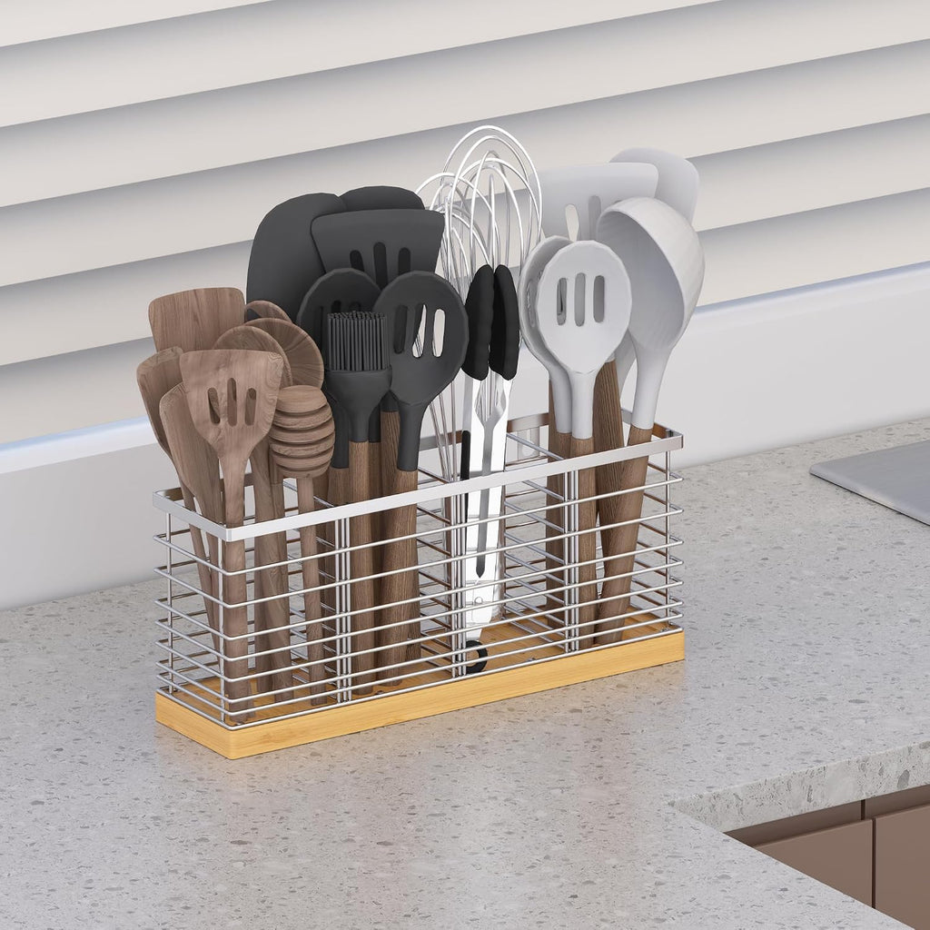Porte-Ustensiles Suli 4 Compartiments – Métal Noir Mat & Base Bois, 40 x 11 cm, Style Rustique