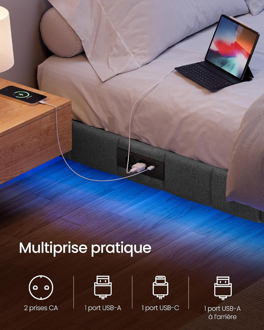 Cadre de Lit 90 x 200 cm avec Lumières LED & Prise Intégrée – Effet Flottant – Gris Ardoise – Charge 250 kg