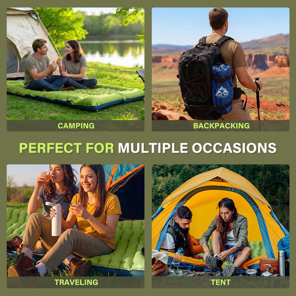 FUN PAC Ultralichte campingmatras met kussen, geïntegreerde voetpomp, compacte opblaasbare slaapmat voor kamperen, wandelen, reizen, tent, blauw en groen, 27 x 7,6 x 9,9 cm