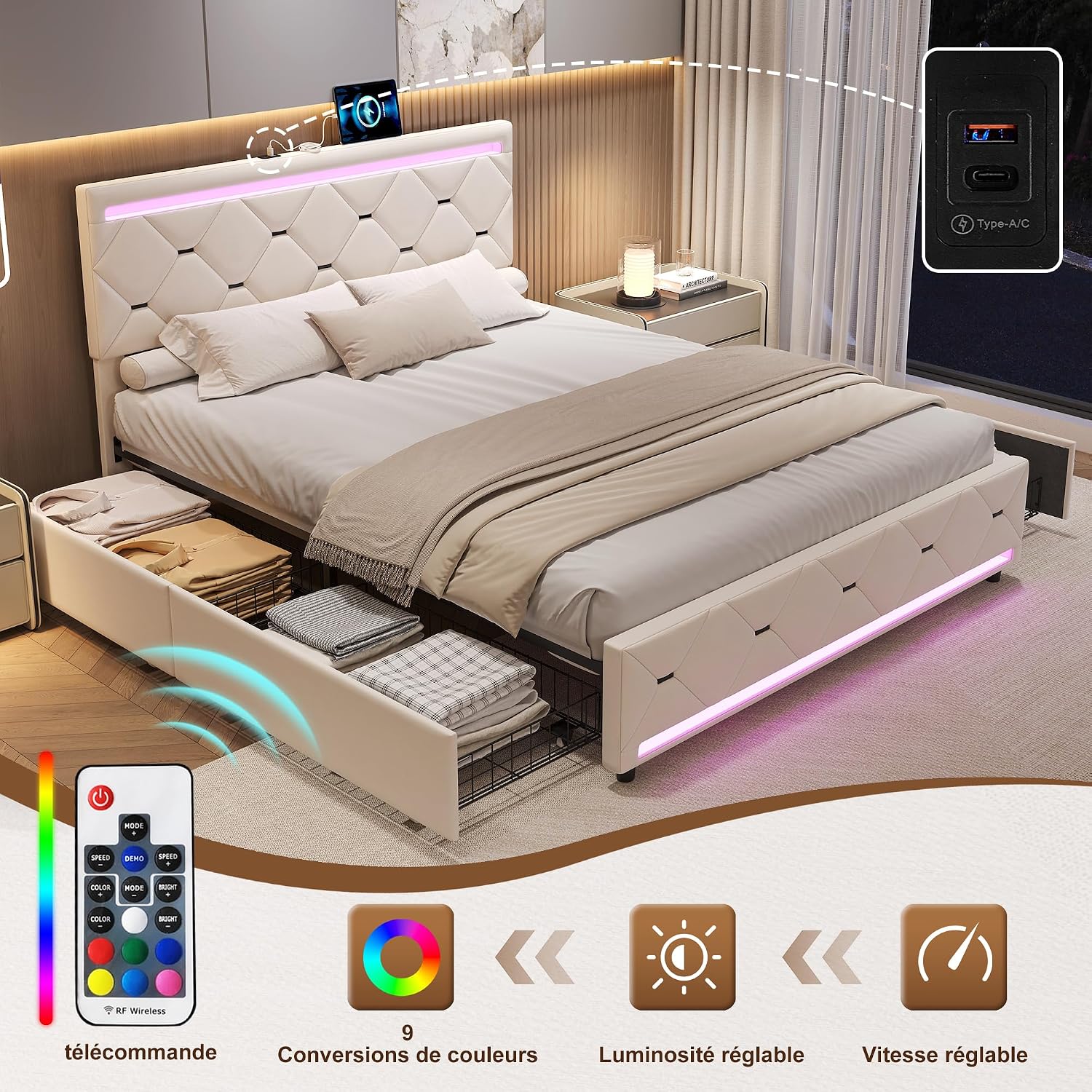 Lit Double 140x200 cm – 4 Tiroirs de Rangement, Éclairage LED +6000 Couleurs & Tête de Lit Réglable en PU
