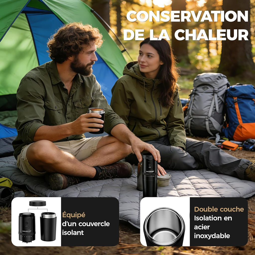 HAUSHOF Draagbare alles-in-één koffiezetapparaat met geïntegreerde molen, 5 maalinstellingen, USB-C oplaadbaar, 300 ml, ideaal voor reizen en kamperen, zwart