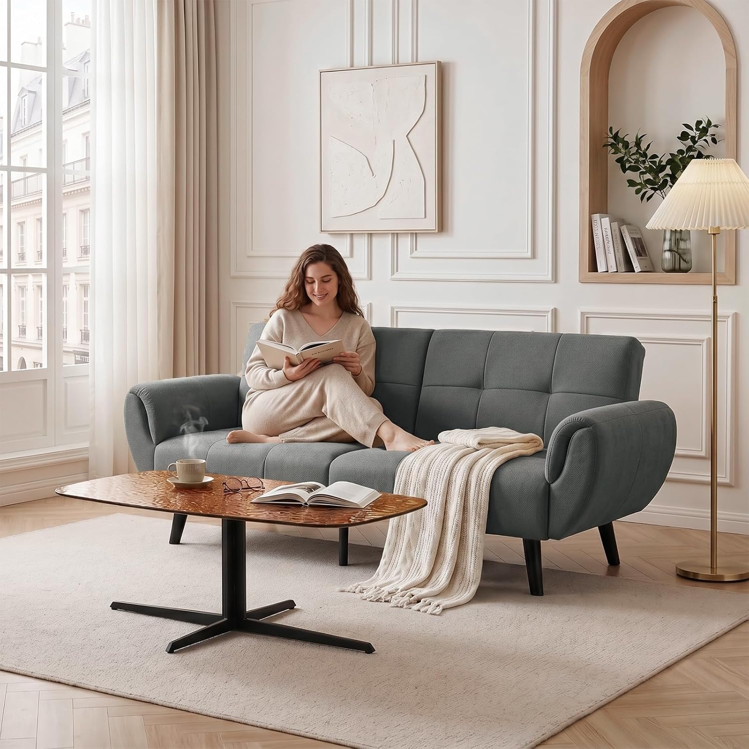 Canapé-lit convertible JIEXI – 3 places – Tissu gris – Dossier 3 positions – 170 cm