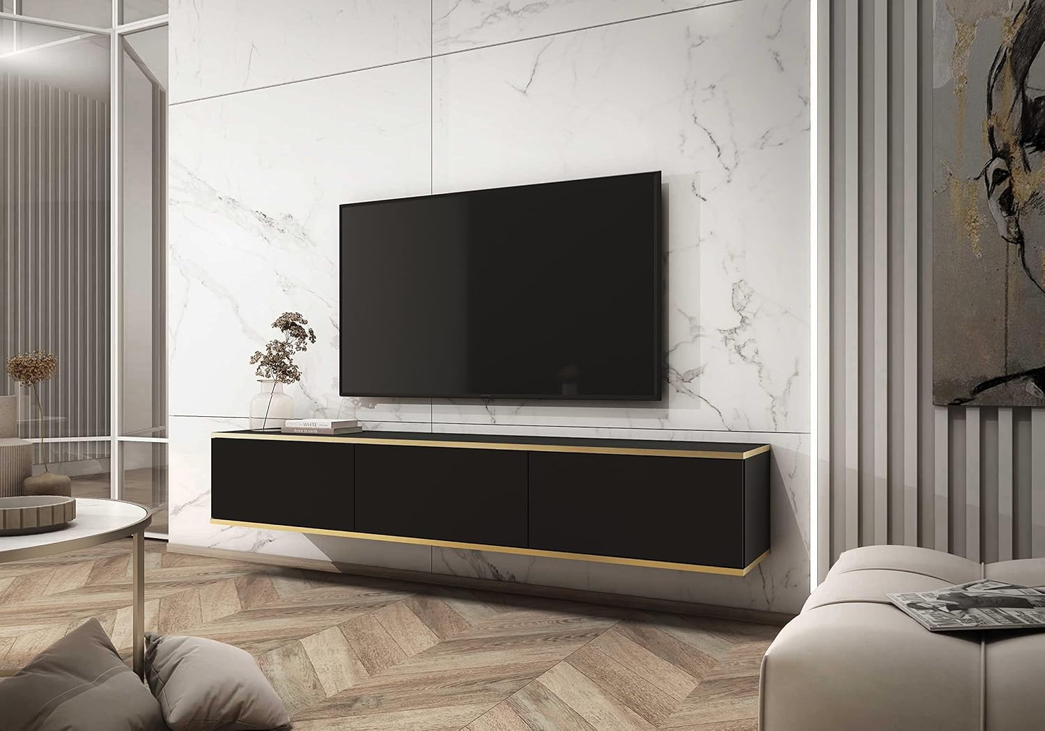 Meuble TV Mural Design | Ouverture Push-to-Open | 175 x 30 x 32 cm