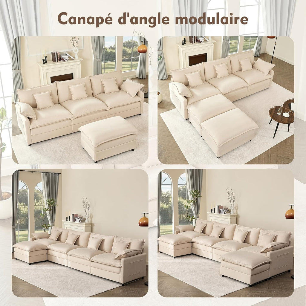 Canapé Modulable Litbird 3 Places — Velours Côtelé, Rose Pâle, Convertible