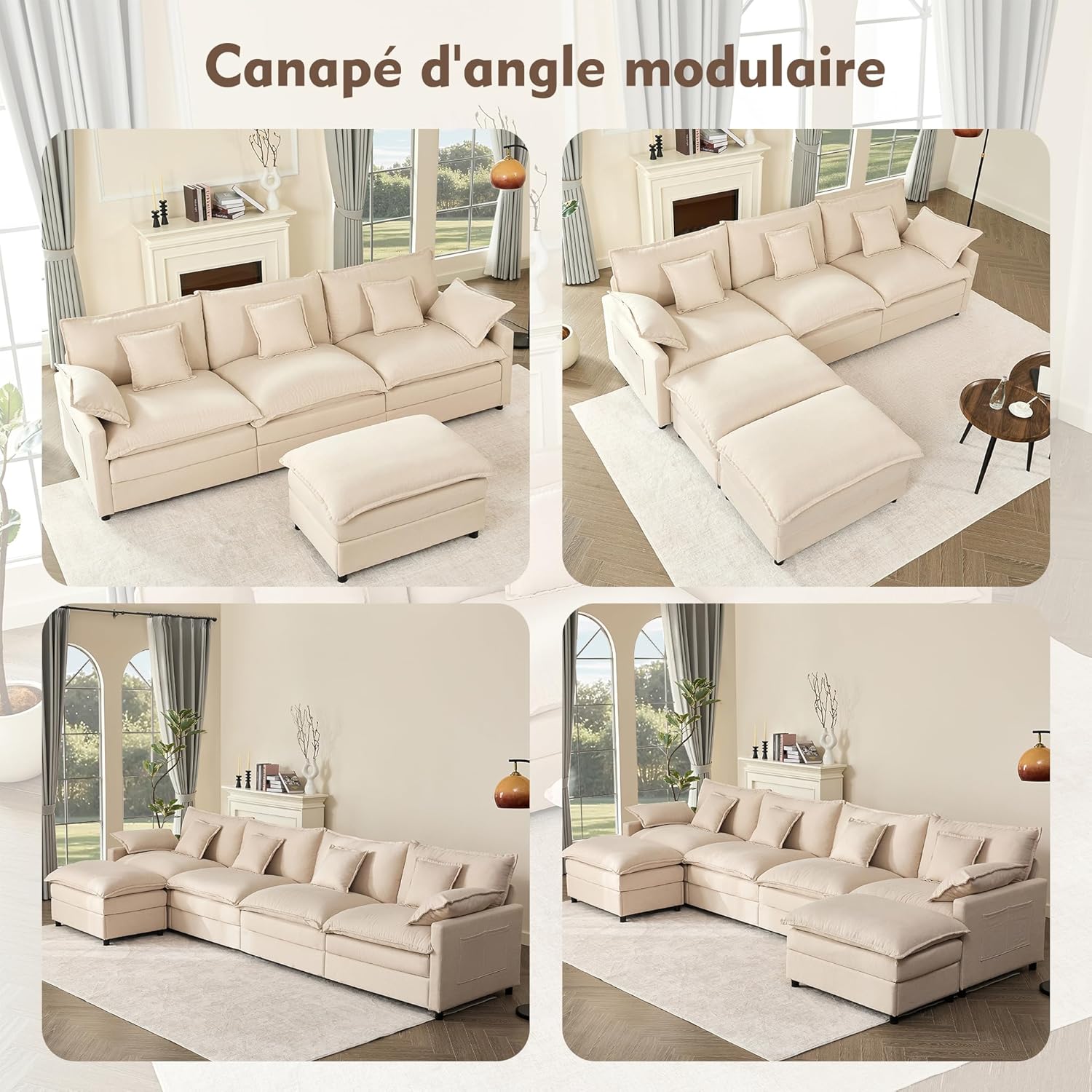 Canapé Modulable Litbird 3 Places — Velours Côtelé, Rose Pâle, Convertible