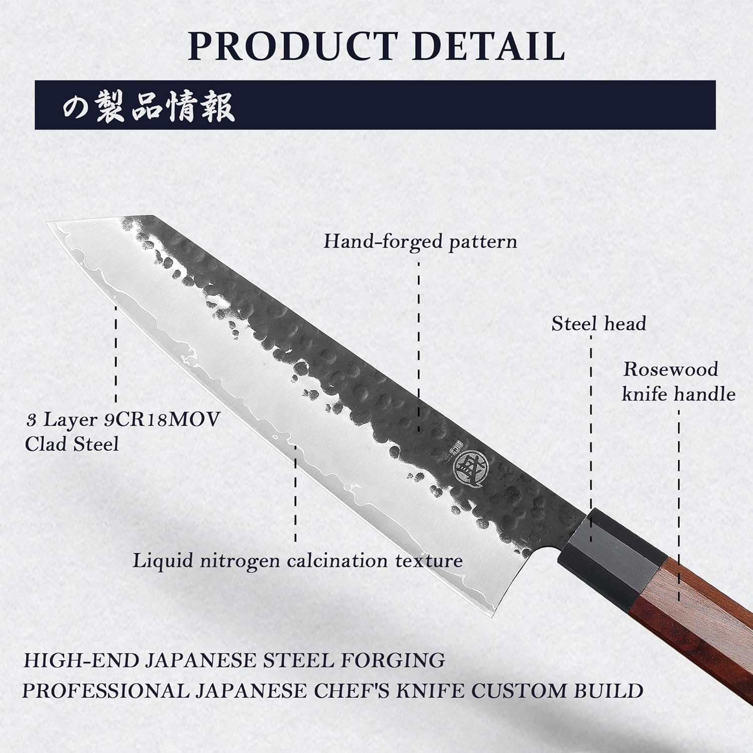 Couteau Gyuto Japonais MITSUMOTO SAKARI 22 cm – Forgé Main, Acier Haute Carbone, Bois de Rose