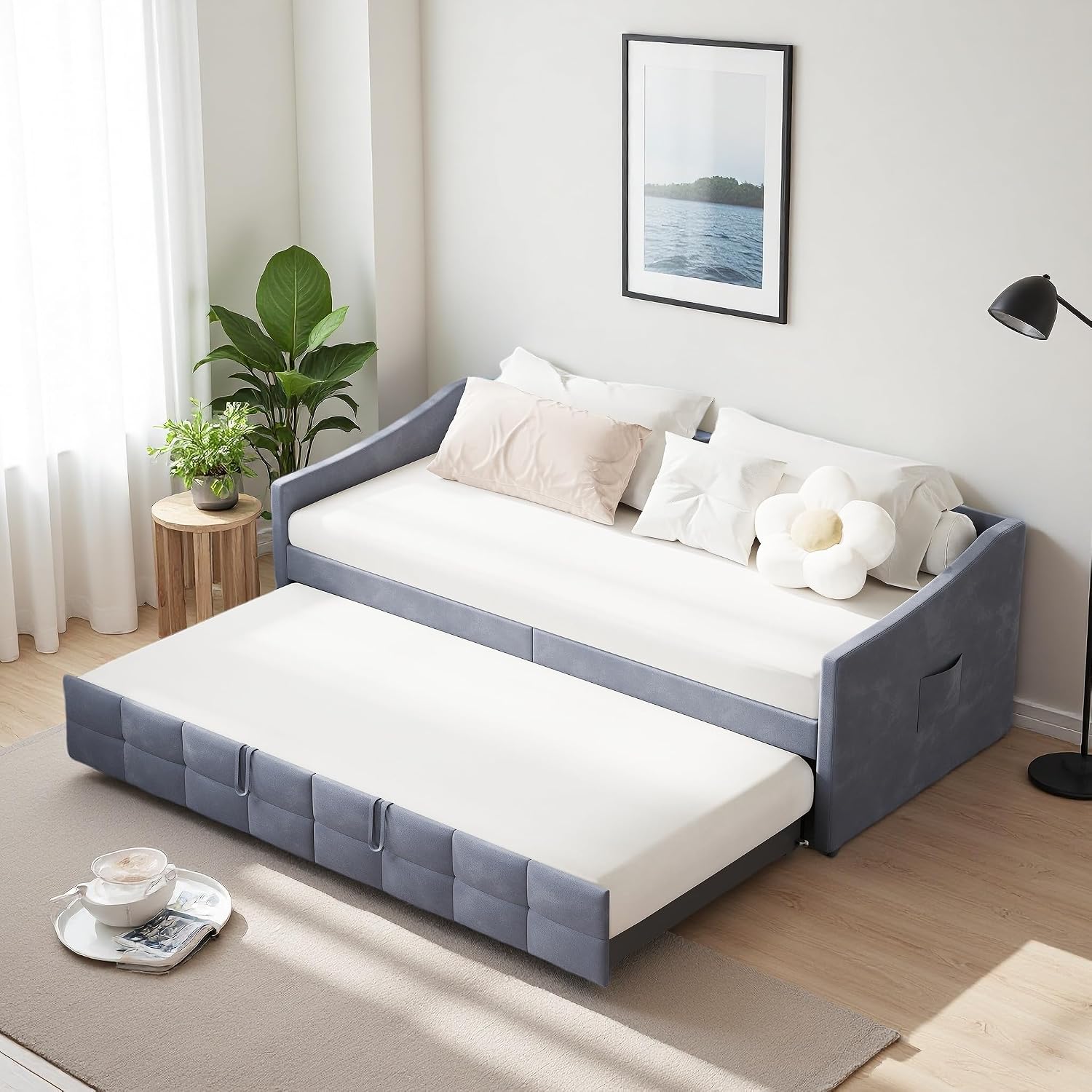 Canapé-Lit Convertible LKPOMI 2 Places — Velours Beige, Lit 180x200 cm