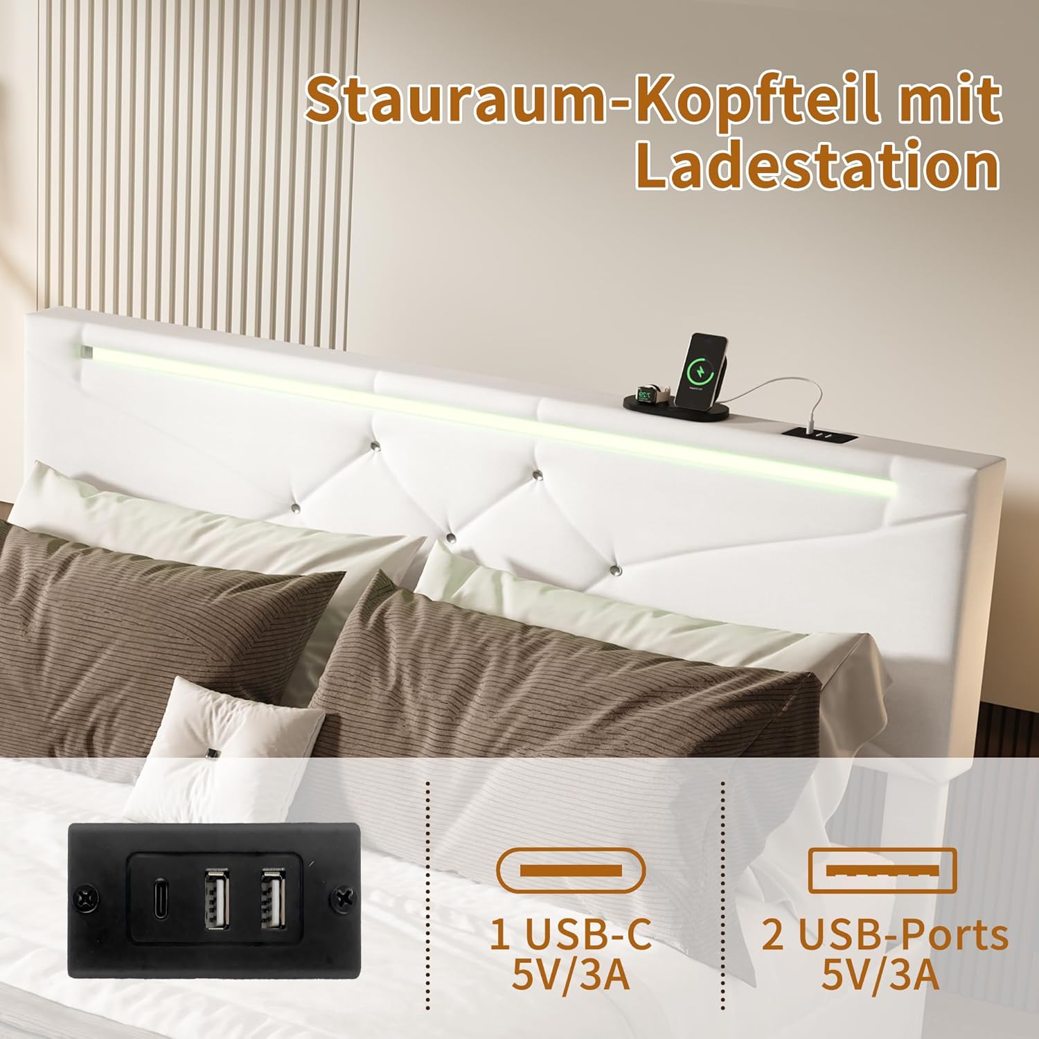 Lit Coffre BRILVERDE | LED RGB & Port USB | Sommier à Lattes | Tissu Lin | 90 à 160 x 200 cm