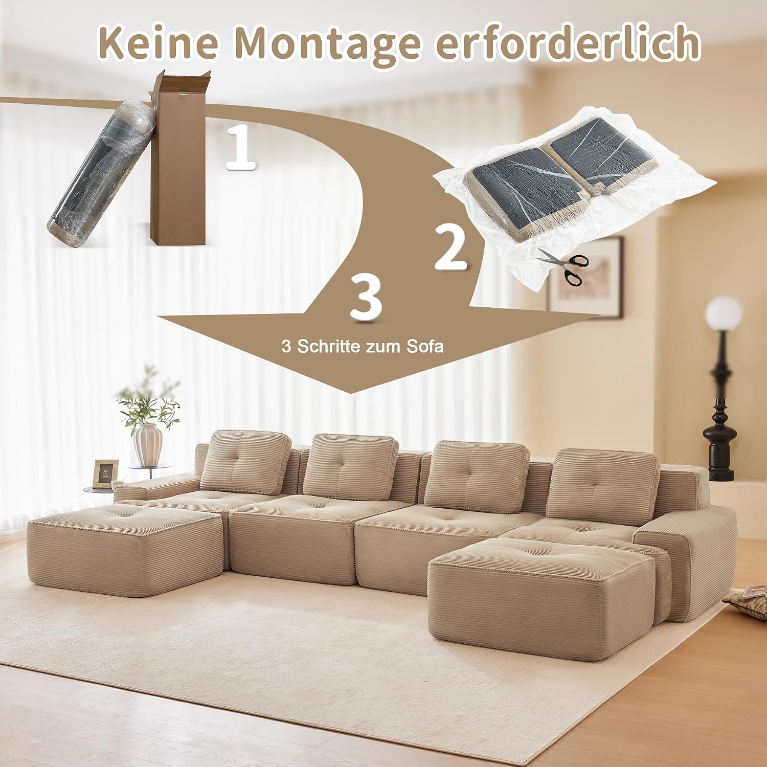 Canapé Modulable Cloud en Velours Côtelé – Assise Profonde, Convertible, Sans Montage